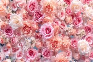 ai generiert schön Sommer- Blumen wie Hintergrund. blühen zart Rosen auf Blühen Blumen festlich Hintergrund, Pastell- und Sanft Strauß Blumen- Karte. generativ ai. foto