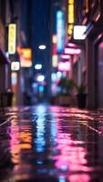 ai generiert regnerisch nass Fußboden Stadt Straße beim Nacht Neon- Licht, Ausruhen und cool Bewegung foto