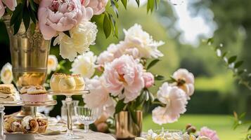 ai generiert Hochzeit Dekoration mit Pfingstrosen, Blumen- Dekor und Veranstaltung Feier, Pfingstrose Blumen und Hochzeit Zeremonie im das Garten, Englisch Land Stil foto