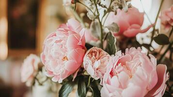ai generiert Hochzeit Dekoration mit Pfingstrosen, Blumen- Dekor und Veranstaltung Feier, Pfingstrose Blumen und Hochzeit Zeremonie im das Garten, Englisch Land Stil foto