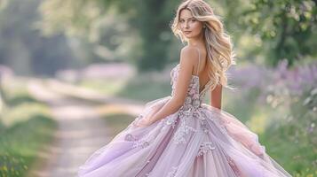 ai generiert elegant Dame im Lavendel Kleid im das Englisch Landschaft Garten, Schönheit, Braut- Mode aussehen und Hochzeit Frisur foto