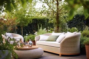 ai generiert Garten Salon, draussen Möbel und Landschaft Haus Terrasse Dekor mit Sofa und Tisch, Land Hütte Stil Landschaft Design, generativ ai foto