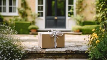 ai generiert elegant Geschenk Geschäft Lieferung, Post- Bedienung und Luxus online Einkaufen, Paket Box mit ein Bogen auf ein Haus Haustür im das Landschaft, generativ ai foto