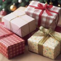 ai generiert Urlaub Geschenke und die Geschenke, Land Hütte Stil eingewickelt Geschenk Kisten zum Boxen Tag, Weihnachten, Valentinsgrüße Tag und Ferien Einkaufen Verkauf, Schönheit Box Lieferung foto