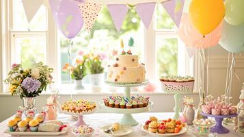 ai generiert Geburtstag Tischlandschaft oder Süßigkeiten Bar mit Süßigkeiten, Geburtstag Kuchen und Cupcakes, schön Party Feier foto