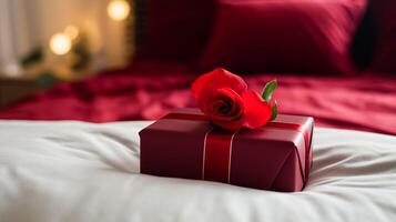 ai generiert Valentinsgrüße Tag romantisch Geschenk im Land Schlafzimmer, Symbol von Liebe, Romantik und Engagement foto