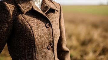 ai generiert Frauenkleidung Herbst Winter Kleidung und Zubehörteil Sammlung im das Englisch Landschaft Mode Stil, klassisch aussehen foto