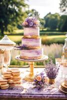 ai generiert Hochzeit Kuchen mit Lavendel Blumen- Dekor, Party Feier und Urlaub Dessert im ein Landschaft Garten, Veranstaltung Essen Gastronomie, Land Hütte Stil, generativ ai foto