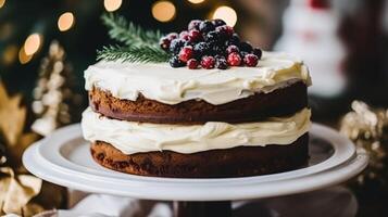 ai generiert Weihnachten Kuchen, Urlaub Rezept und Zuhause Backen, Pudding mit cremig Glasur zum gemütlich Winter Ferien Tee im das Englisch Land Hütte, hausgemacht Essen und Kochen foto