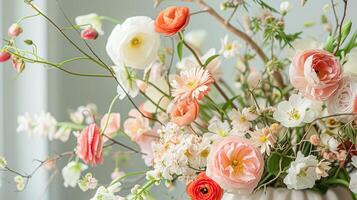 ai generiert Frühling Blumen im Jahrgang Vase, schön Blumen- Anordnung, Zuhause Dekor, Hochzeit und Florist Design foto