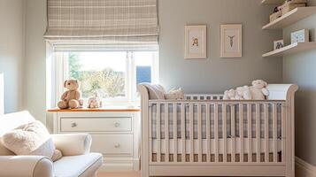 ai generiert Baby Zimmer Dekor und Innere Design Inspiration im das Englisch Landschaft Stil Hütte foto