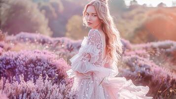 ai generiert Frau im Rüsche Design Kleid im Lavendel Feld beim Sonnenuntergang, Braut- Schönheit Stil Kampagne, Hochzeit Mode aussehen und Glanz Frisur foto
