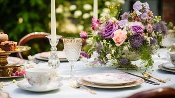 ai generiert Tabelle Dekor, Urlaub Tischlandschaft und Abendessen Tabelle Rahmen im Landschaft Garten, formal Veranstaltung Dekoration zum Hochzeit, Familie Feier, Englisch Land und Zuhause Styling foto