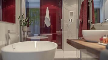 ai generiert luxuriös Badezimmer mit Marmor Einzelheiten und Burgund Akzente, Innere Design und Zuhause Dekor foto