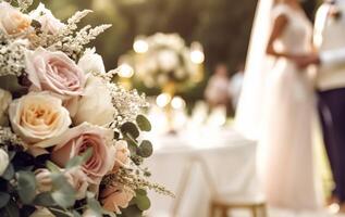 ai generiert Hochzeit Zeremonie und Feier, Braut und Bräutigam beim ein schön draussen Tagungsort auf ein sonnig Tag, Luxus Hochzeit Dekor mit Blumen und Braut- Strauß, generativ ai foto