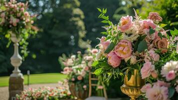 ai generiert Hochzeit Dekoration mit Pfingstrosen, Blumen- Dekor und Veranstaltung Feier, Pfingstrose Blumen und Hochzeit Zeremonie im das Garten, Englisch Land Stil foto