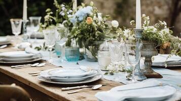 ai generiert Tabelle Dekor, Urlaub Tischlandschaft und Abendessen Tabelle Rahmen im Landschaft Garten, formal Veranstaltung Dekoration zum Hochzeit, Familie Feier, Englisch Land und Zuhause Styling foto