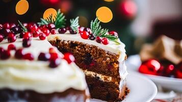 ai generiert Weihnachten Kuchen, Urlaub Rezept und Zuhause Backen, Pudding mit cremig Glasur zum gemütlich Winter Ferien Tee im das Englisch Land Hütte, hausgemacht Essen und Kochen foto