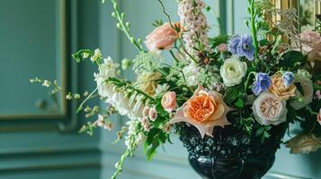 ai generiert Frühling Blumen im Jahrgang Vase, schön Blumen- Anordnung, Zuhause Dekor, Hochzeit und Florist Design foto