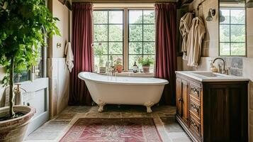 ai generiert luxuriös Badezimmer mit Marmor Einzelheiten und Burgund Akzente, Innere Design und Zuhause Dekor foto