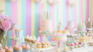 ai generiert Geburtstag Tischlandschaft oder Süßigkeiten Bar mit Süßigkeiten, Geburtstag Kuchen und Cupcakes, schön Party Feier foto