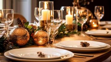 ai generiert Urlaub Tabelle Dekor, Weihnachten Ferien Feier, Tischlandschaft und Abendessen Tabelle Einstellung, Englisch Land Dekoration und Zuhause Styling foto