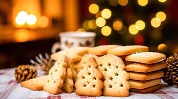 ai generiert Weihnachten Kekse, Urlaub Keks Rezept und Zuhause Backen, Süss Dessert zum gemütlich Winter Englisch Land Tee im das Hütte, hausgemacht Essen und Kochen foto