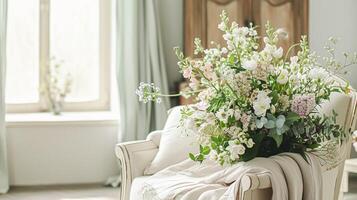 ai generiert Frühling Blumen im Jahrgang Vase, schön Blumen- Anordnung, Zuhause Dekor, Hochzeit und Florist Design foto