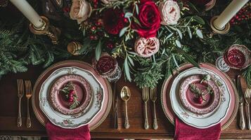 ai generiert Valentinsgrüße Tag Tischlandschaft und Tabelle Dekor, romantisch Tabelle Rahmen mit Blumen, formal Abendessen und Datum, schön Besteck und Geschirr foto