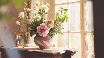 ai generiert Frühling Blumen im Jahrgang Vase, schön Blumen- Anordnung, Zuhause Dekor, Hochzeit und Florist Design foto