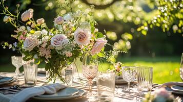 ai generiert Garten Party Tischlandschaft, Eleganz mit Blumen- Tabelle Dekor foto