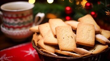 ai generiert Weihnachten Kekse, Urlaub Keks Rezept und Zuhause Backen, Süss Dessert zum gemütlich Winter Englisch Land Tee im das Hütte, hausgemacht Essen und Kochen foto