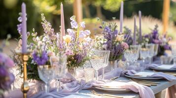 ai generiert Hochzeit Dekor mit Lavendel Thema, Blumen- Dekoration Design und schön Dekor Rahmen Anordnung foto