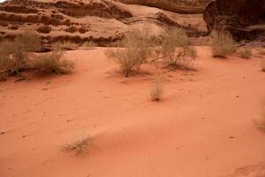 Wadi Rum Wüste im Jordanien. auf das Sonnenuntergang. Panorama von schön Sand Muster auf das Düne. Wüste Landschaft im Jordanien. foto