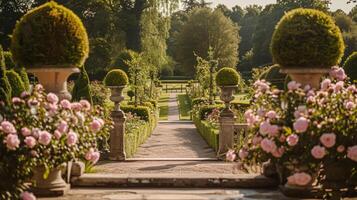 ai generiert Hochzeit Dekoration mit Pfingstrosen, Blumen- Dekor und Veranstaltung Feier, Pfingstrose Blumen und Hochzeit Zeremonie im das Garten, Englisch Land Stil foto