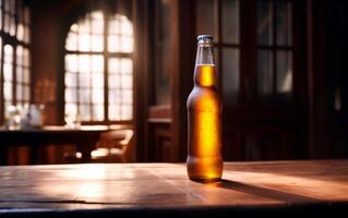 ai generiert generiert imafresh Flasche von Bier auf Bar Tabelle mit Bokeh Hintergrund und leeren Raum zum Text. spotten oben oder Vorlage Flasche von beer.ge foto