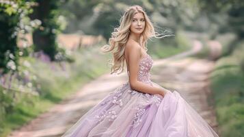 ai generiert elegant Dame im Lavendel Kleid im das Englisch Landschaft Garten, Schönheit, Braut- Mode aussehen und Hochzeit Frisur foto