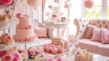 ai generiert Geburtstag Tischlandschaft oder Süßigkeiten Bar mit Süßigkeiten, Geburtstag Kuchen und Cupcakes, schön Party Feier foto
