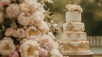 ai generiert Hochzeit Dekoration mit Pfingstrosen, Blumen- Dekor und Veranstaltung Feier, Pfingstrose Blumen und Hochzeit Zeremonie im das Garten, Englisch Land Stil foto