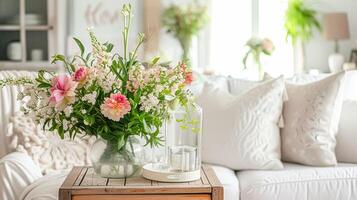 ai generiert Frühling Blumen im Jahrgang Vase, schön Blumen- Anordnung, Zuhause Dekor, Hochzeit und Florist Design foto