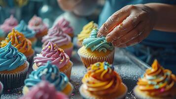 ai generiert Gebäck Koch zart dekorieren Cupcakes mit bunt Glasur, das Nachmittag Licht verbessern das Lebendigkeit von das Farben und das Präzision von das arbeiten. ,Essen Koch foto