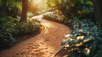 ai generiert ein Garten Pfad gebadet im warm Sonnenlicht, einladend ein friedlich gehen unter das Blühen Flora und üppig Grün. ,Gartenarbeit Konzept foto