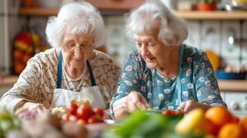 ai generiert zwei Alten Frauen einnehmend im gesund Mahlzeit prep mit ein Array von frisch Früchte, Gemüse, und Ergänzungen auf das Küche foto