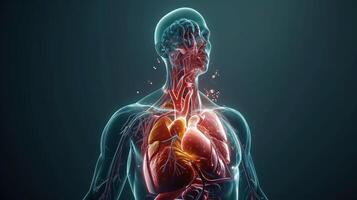 ai generiert männlich Anatomie von das Mensch Herz System. 3d Rendern Konzept und medizinisch Technologie Netzwerk foto