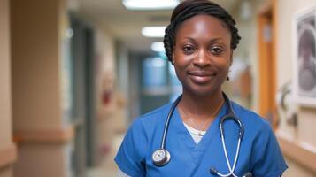 ai generiert ein schwarz weiblich medizinisch Arbeiter anziehen Blau Peelings und tragen ein Stethoskop um ihr Hals ist ein Gesundheitswesen Anbieter. foto