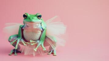 ai generiert im Vorderseite von ein Pastell- Hintergrund, ein Frosch trägt ein Tutu Rock. foto