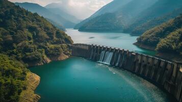 ai generiert das kontinuierlich Strom von Wasser Kaskadierung von ein Wasserkraft Damm verschmilzt harmonisch mit das heiter Hintergrund von bewaldet Berge, foto