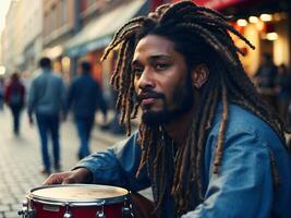 ai generiert afrikanisch amerikanisch Straße Musiker Schlagzeuger mit Dreadlocks durchführen auf Bongo Trommel im Stadt Straßen, Lebensstil Konzept, Strassenmusiker Hintergrund foto