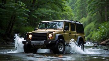 ai generiert modern aus Straße Fahrzeug Fahren Trog Fluss im das Wald, Auto Abenteuer Konzept, Automobil Hintergrund, Aktion Hintergrund foto