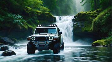 ai generiert modern aus Straße Fahrzeug Fahren Trog Fluss im das Wald, Auto Abenteuer Konzept, Automobil Hintergrund, Aktion Hintergrund foto